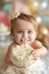 Sticker - A baby girl eating a cake with white frosting and sprinkles