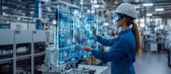 Poster - Engineer examining a holographic blueprint for machinery maintenance and repair Stock Photo with copy space
