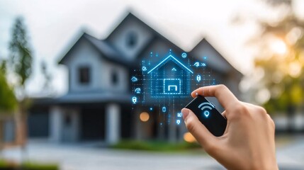Poster - homeowner using a 3d hologram to monitor home security and climate control stock photo with copy spa