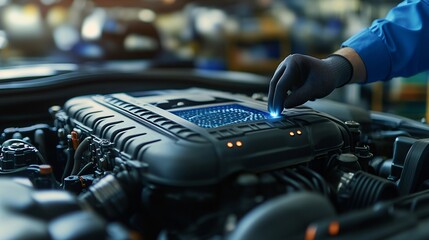 Wall Mural - Mechanic using a 3D hologram to analyze car engine performance in a high-tech auto shop Stock Photo with copy space