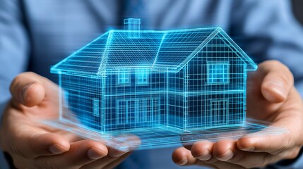 Poster - Homeowner using a 3D hologram to troubleshoot smart home device connectivity Stock Photo with copy space