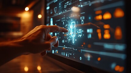Poster - Homeowner using a 3D hologram to troubleshoot smart home device connectivity Stock Photo with copy space