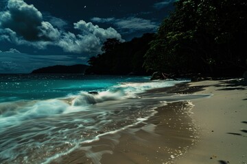 Wall Mural - a beach at night with waves crashing on the shore