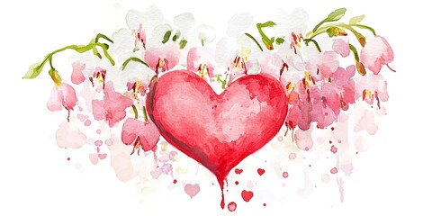 Wall Mural - Watercolor bleeding heart clipart with heartshaped pink and white blooms 