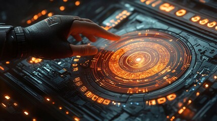 Poster - Engineer utilizing a 3D holographic blueprint for machinery assembly and troubleshooting Stock Photo with copy space