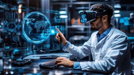 Poster - Engineer repairing industrial machinery with the help of a 3D holographic guide Stock Photo with copy space