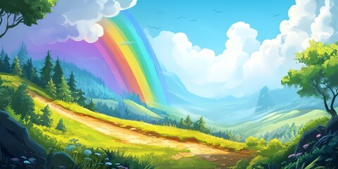 Sticker - rainbow landscape cartoon.