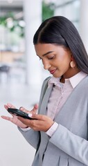 Aufkleber - Cellphone, walking and businesswoman in office with email for legal client feedback, communication or review. Happy, typing and female advocate with online evidence for law case at corporate firm.