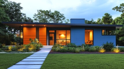 Poster - A small blue house with a large porch and a walkway leading to it