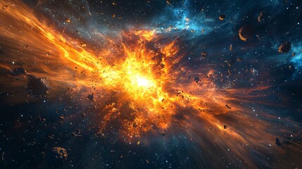 Wall Mural - cosmic explosion with bright light rays and space debris