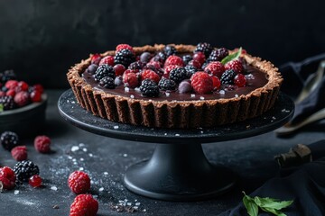 A delicious chocolate tart topped with fresh berries and sea salt on a dark background.