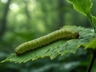 Wall Mural - A green caterpillar crawls on a large leaf, with a blurred green forest background.