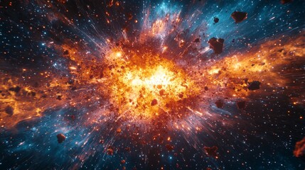 Wall Mural - cosmic explosion with bright light rays and space debris