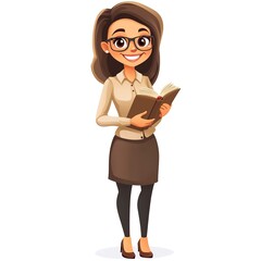 Poster - a Cute cartoon woman teacher holding a book and smiling isolated on a white background