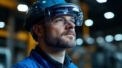 Aufkleber - Technician using a 3D holographic guide to diagnose issues in industrial machinery Stock Photo with copy space