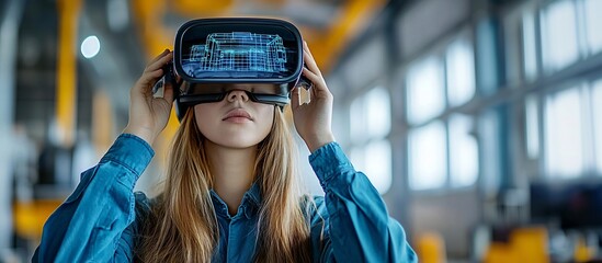 Poster - Engineer using a 3D holographic blueprint for troubleshooting and repairing industrial equipment Stock Photo with copy space