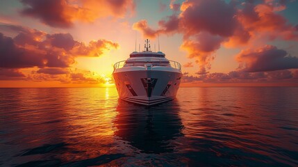 Wall Mural - A luxurious yacht at sunset, anchored in calm waters, reflecting vibrant sky colors.