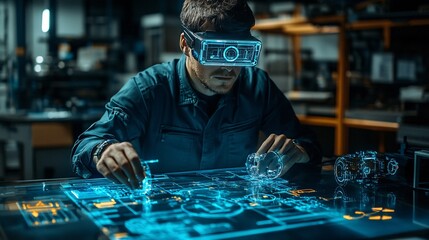 Aufkleber - Technician using a 3D hologram to visualize and repair industrial machinery in a factory Stock Photo with copy space