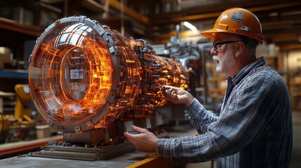 Technician using a 3D hologram to visualize and repair industrial machinery in a factory Stock Photo with copy space