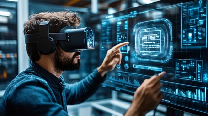 Aufkleber - Technician using a 3D hologram to visualize and repair industrial machinery in a factory Stock Photo with copy space