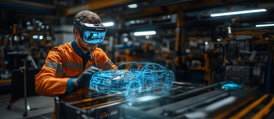 Poster - Mechanic using a 3D hologram to troubleshoot issues in a car's engine in a high-tech workshop Stock Photo with copy space