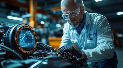 Poster - Mechanic following a 3D holographic guide to repair car engine components in a futuristic garage Stock Photo with copy space
