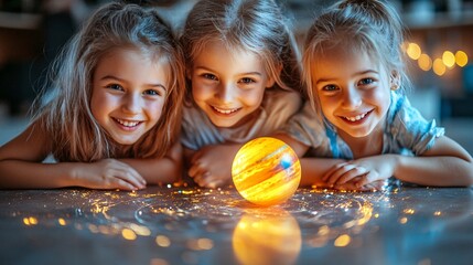 Poster - Students in a classroom learning about the solar system using a 3D hologram of planets and stars Stock Photo with copy space
