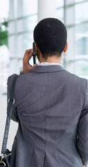Aufkleber - Phone call, walking and back of business woman in discussion, talking and networking in office hallway. Corporate, professional and person on smartphone for conversation, communication and contact