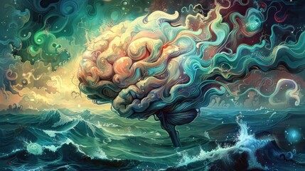 Wall Mural - abstract brain in ocean waves.