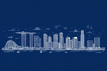 Wall Mural - A minimalist illustration of a city skyline featuring modern buildings and a night sky.