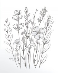 Wall Mural - A line drawing of various flowers and plants, emphasizing botanical beauty.