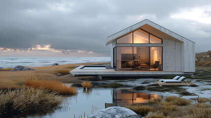 a modern, minimalist beach house surrounded by sand dunes and tall, windswept grasses. The house features large glass windows that allow for an unobstructed view of the beach and ocean