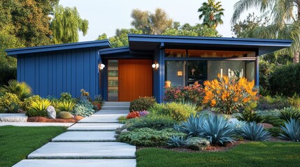 Poster - A blue house with a large front door and a porch