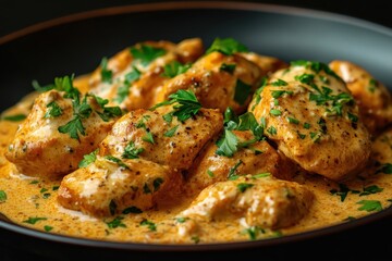 A plate of creamy chicken dish garnished with fresh parsley.