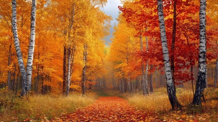 Poster - A path through a forest with trees that are orange and yellow