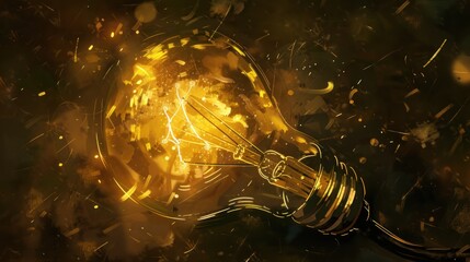 Poster - Light Bulb with Sparkles and a Gold Background.