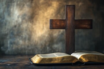 Wooden cross and bible on wooden table