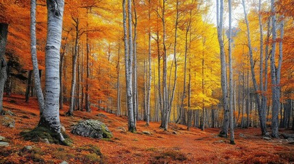 Poster - A forest with many trees and a rock in the foreground