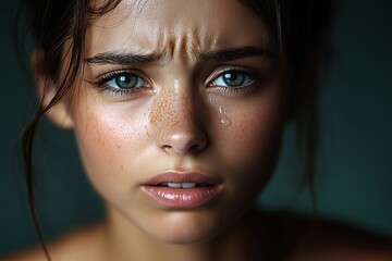 attractive young woman crying against dark background