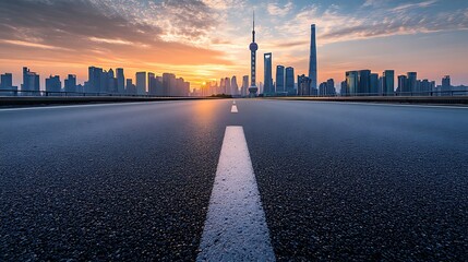 Sticker - Asphalt Road Leading Towards a Modern Skyline at Dawn