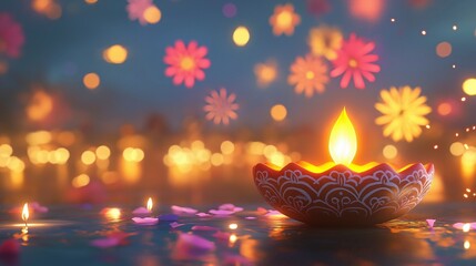 Wall Mural - A lit diya amidst colorful flowers and soft lights, symbolizing celebration and spirituality.