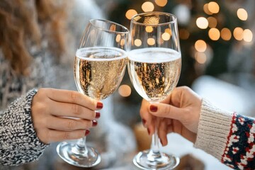 Two individuals clinking glasses of sparkling wine in a festive and warm atmosphere, highlighted by glowing lights in the background creating a cozy ambiance.