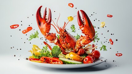 Wall Mural - A grilled lobster with fresh vegetables is floating and falling into an isolated plate