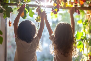 Children decorating sukkah with natural sunlight