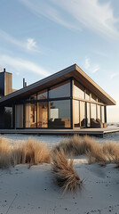 Wall Mural - a modern, minimalist beach house surrounded by sand dunes and tall, windswept grasses. The house features large glass windows that allow for an unobstructed view of the beach and ocean