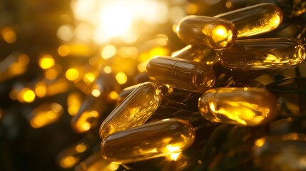 Omega 3 capsules on isolated background with bokeh