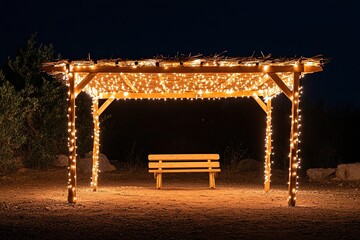 Illuminated pergola with bench at night, tranquil setting