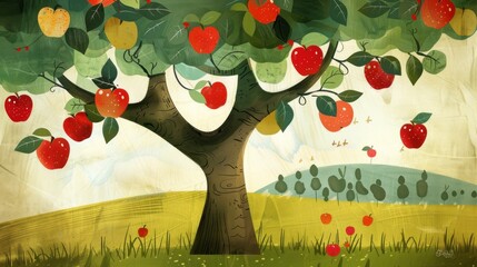 Poster - Illustration of an apple tree with red apples and green leaves.