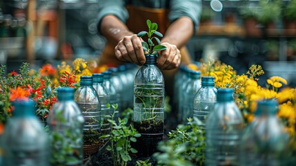 A person is holding a plant in a bottle