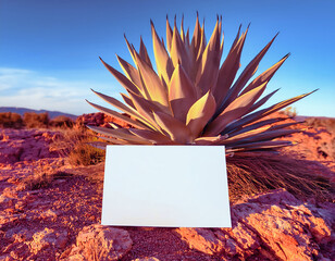 Wall Mural - Blank white card with agave plant in the desert